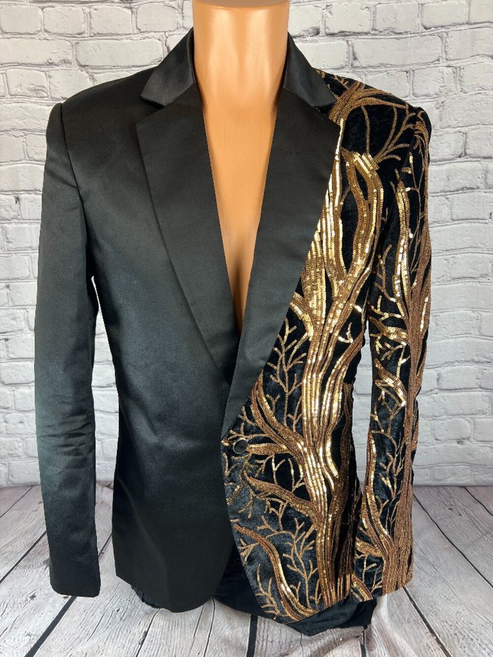 Mens Sequin Black Satin Velvet & Gold Sequined Tuxedo Single Button Jacket Sz M